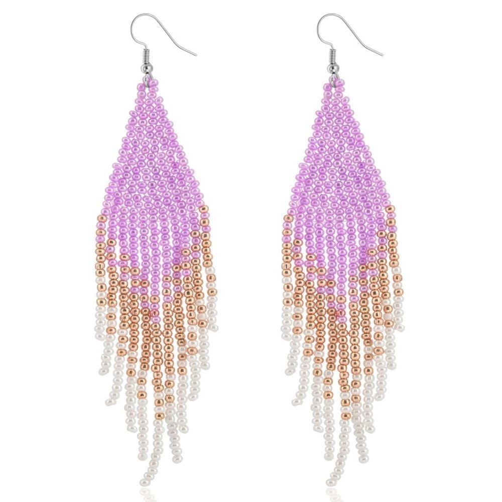Purple Bohemian Seed Bead Tassel Dangling Statement French Wire Hook Earrings